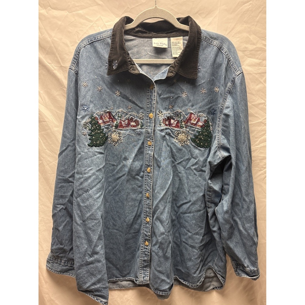 Bobby Brooks Womens 26/28 Christmas Denim Shirt Embroidered Winter Village Snow